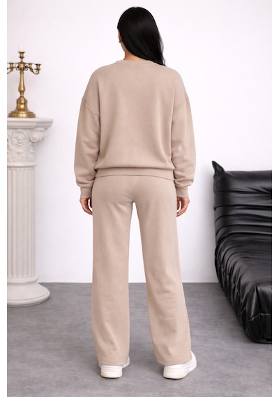 Balenbi Oversize Bisiklet Yaka Basic Modal Kadın Takım 1206 - Form Serisi Bej