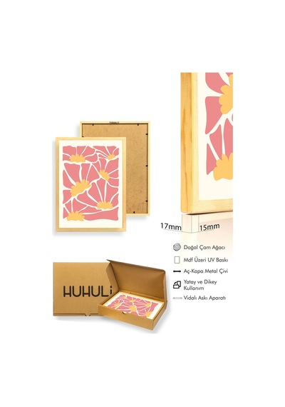 Doğal Ahşap Çerçeveli Retro Tablo - Pembe Tonlarda Soyut Çiçek Desenli Huhu2650