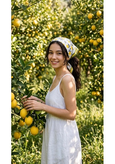 Trend Dokunuş Kadın 50-50 Saten Limonlu Fular Bandana Sarı