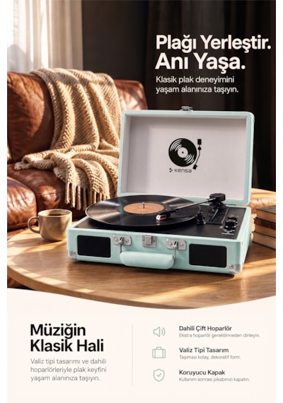 Kensa Bluetooth Lu Nostaljik Çantalı Pikap 33/45/78 Devir Dahili Bataryalı Plak Çalar Açık Yeşil
