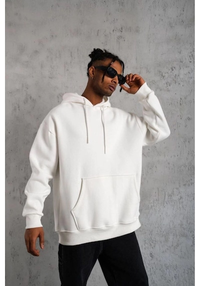 Erkek 3 İplik Pamuklu Kapüşonlu Cepli Düz Hoodie Sweatshirt - Beyaz Siyah