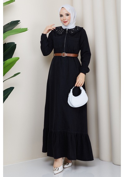 Hb Harma Time Butik Kadın Taş Detaylı Fermuarlı Kemerli Tesettür Kot Siyah Elbise Hb Harma Time Butik Kadın Taş Detaylı Fermuarlı Kemerli Tesettür Kot Siyah Elbise