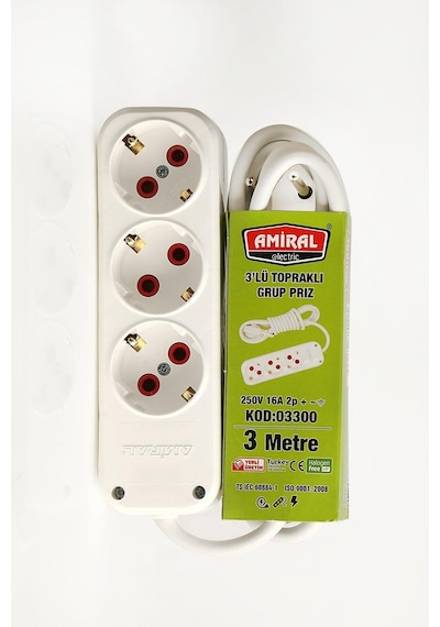 Amiral 3lü Topraklı Uzatma Kablosu Priz 3 Metre 3 M