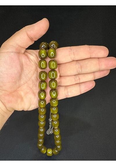 Sevgiliye Özel Hediye Çubuk Kehribar Tesbih Yeşil Renk Kapsül Kesim 13mmx14,5mm H-1619.