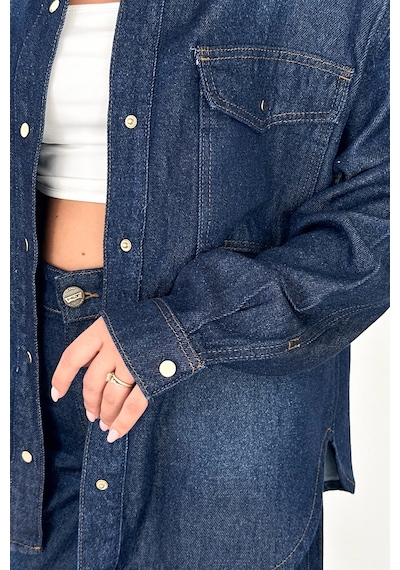 Kadın Koyu Mavi Jean Denim Oversize Kalıp %100 Tencel Dökümlü Cepli Düğmeli Kot Gömlek Sofia-6004