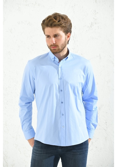 Erkek Slim Fit Uzun Kol Yıkamalı Gabardin Hediye Kutulu Gömlek - Mavi