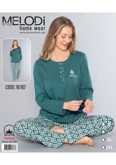 Melodi Kadın Standart Kalıp %100 Pamuk Düğmeli Yaka Uzun Kol Baharlık Pijama Takımı 16167- 1 Adet Yeşil Melodi Kadın Standart Kalıp %100 Pamuk Düğmeli Yaka Uzun Kol Baharlık Pijama Takımı 16167- 1 Adet Yeşil