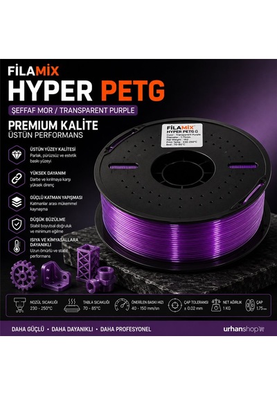 Filamix Hyper Petg Şeffaf Mor Filament 1.75mm 1kg Plastik Makara