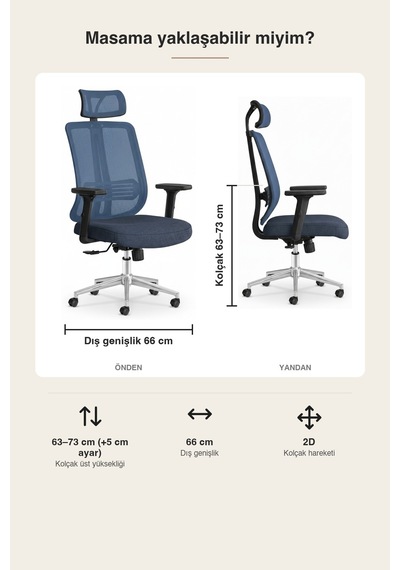 Upstyle Poyraz Başlıklı Fileli Ergonomik Çalışma Koltuğu Mavi Krom Koltuk 66 125 65 Cm
