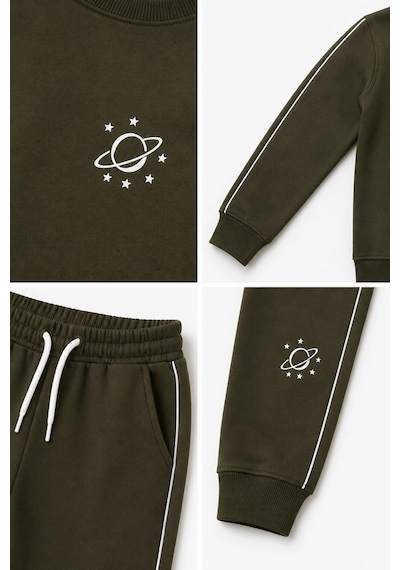 Rony Pony Kids Erkek Çocuk Haki Gezegen Baskılı Beyaz Biyeli Sweatshirt Jogger Eşofman Takımı