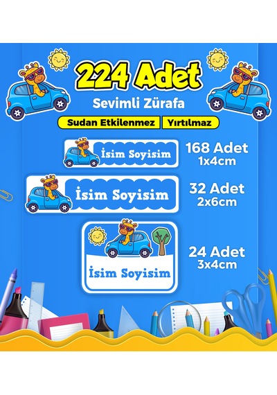 Sevimli Yarışçı Temalı Okul Kreş Kişiye Özel İsim Etiket Seti - Model 275 Çok Renkli
