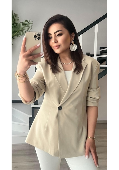 Bej Volanlı Bel Oturtmalı Blazer Ceket Bej