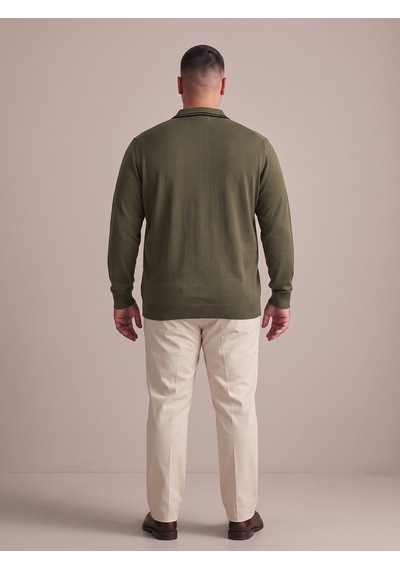 Maccali Erkek Haki Büyük Beden Gizli Fermuarlı Polo Yaka Triko Sweatshirt