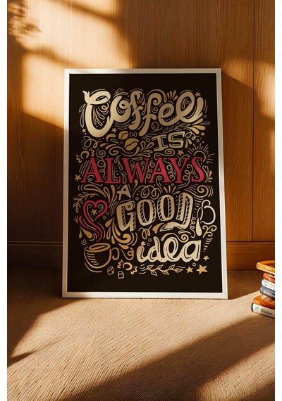 Retro Coffee Always A Good Idea Çerçeveli Tablo - Sanatsal Mutfak Ve Kahve Köşesi Duvar Dekoru Beyaz
