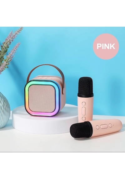 Taşınabilir Çift Karaoke Mikrofonlu Hoparlör Kablosuz Bluetooth 5 Ses Efektli Pembe Renk