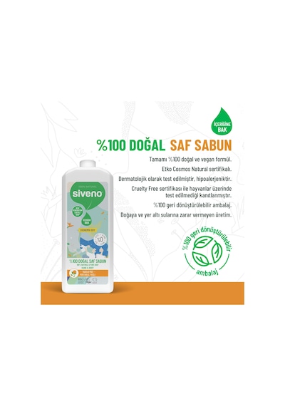 Siveno %100 Doğal Sıvı Kastil Sabun Portakal Yağlı Tazeleyici Nemlendirici Bitkisel Vegan 1 L