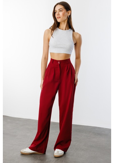 Genius Store Kadın Pileli Kumaş Yüksek Bel Palazzo Pantolon Pantolon-002 Bordo