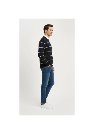 Erkek Bisiklet Yaka Cizgili Triko Kazak Yumuşak Dokulu Pamuklu İnce Dokuma Uzun - Lacivert Erkek Bisiklet Yaka Cizgili Triko Kazak Yumuşak Dokulu Pamuklu İnce Dokuma Uzun - Lacivert