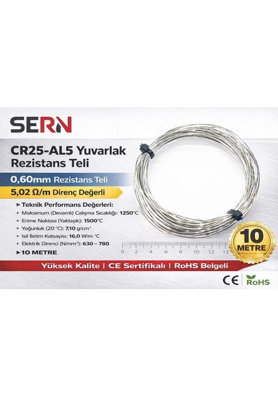 Sern Cr25-al5 Yuvarlak Rezistans Teli 0,60mm 5,02 Ω/m Direnç Değerli Paket: 10 Metre