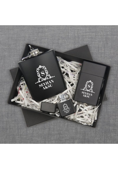 Bk Gift Kişiye Özel İsimli Siyah Çelik İçki Matarası Sigara Kutusu Ve Benzinli Çakmak Hediye Seti -18, Sevgiliye Hediye, Arkadaşa Hediye, Doğum Günü H