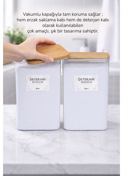 2 Adet Ahşap Vakumlu Kapaklı Toz Deterjan Kutusu Renkliler Beyazlar Etiketli 3 Litre Şeffaf
