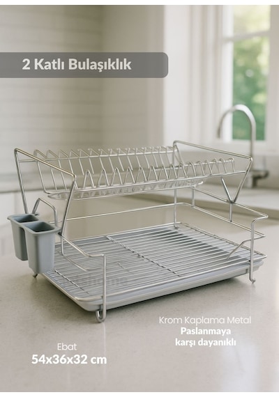 Jet's Home 2 Katlı Bulas Iklık C Elik Tezgah U Stu Tabaklık Bpa Free Bulas Ik Sepeti Kurutmalık Gri Gri