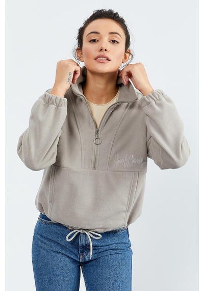 Tommy Life Koyu Bej Yarım Fermuar Etek Ucu Büzgülü Kadın Polar Oversize Sweatshirt - 97171 Koyu Bej