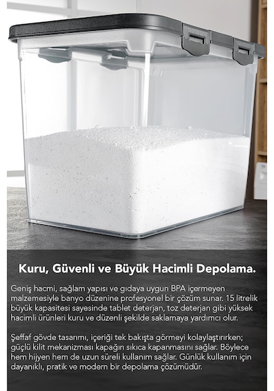 Etiketli Deterjan Saklama Kutusu - 15 Lt Sürgülü Kilitli Kapak Tablet Toz Deterjan Kabı Gri Gri