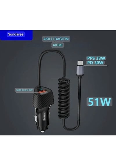 Sundaree 51w Karbon Fiber Yaylı Şarj Kablolu 2 Girişli Type-c Ve Usb Hızlı Ce Lisanslı Sertifkalı inal Sağlam Araç Şarjı Siyah Sundaree 51w Karbon Fiber Yaylı Şarj Kablolu 2 Girişli Type-c Ve Usb Hızlı Ce Lisanslı Sertifkalı inal Sağlam Araç Şarjı Siyah