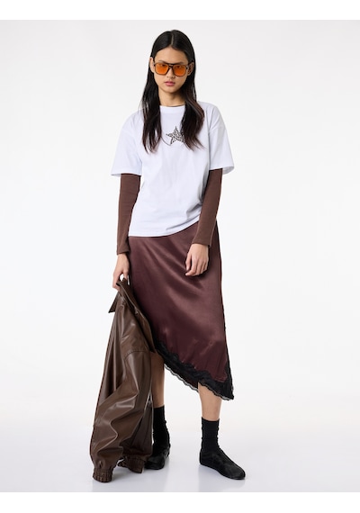 Koton Asimetrik Slim Fit Dantel Detaylı Saten Midi Etek Kahverengi 6sal70077ıw Kahve