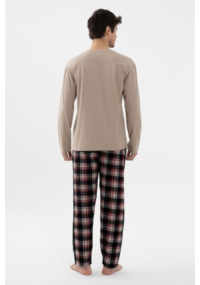 Erkek Pamuklu Uzun Kollu Basic Siyah - Vizon Ekose Desenli Cep Detaylı Pijama Takımı Ko60111 Vizon