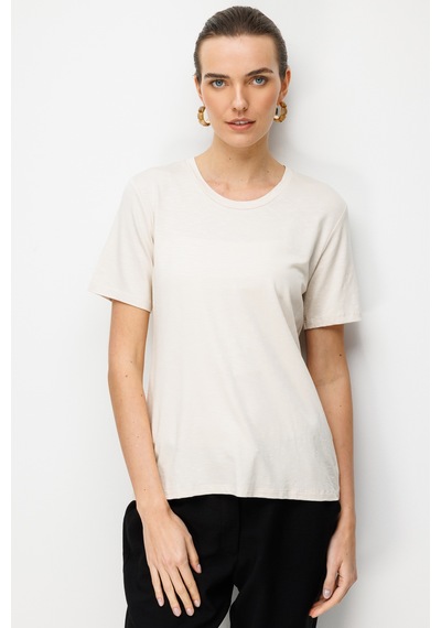 Kadın Sıfır Yaka Flamlı Kumaş Penye Tshirt Bej Bej