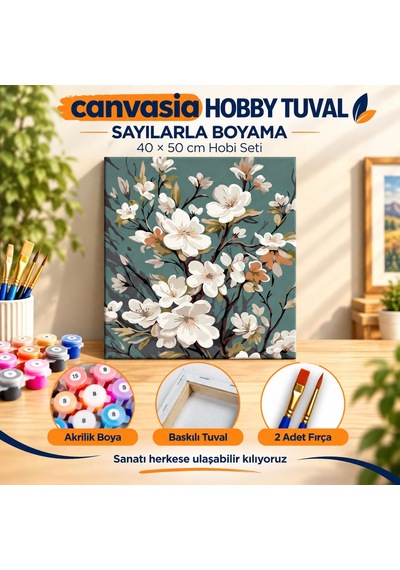 Sayılarla Boyama Numaralı Tuval Seti Boya Fırça Dahil 40x50 Cm Beyaz Çiçekler