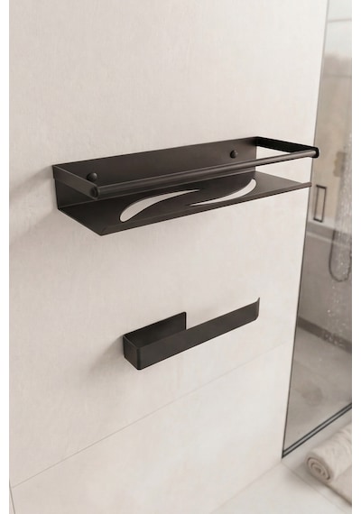 Zift Unique Paslanmaz Çelik Yapışkanlı Duş Rafı Ve Havluluk Set, Havlu Askısı Ve Banyo Rafı Siyah