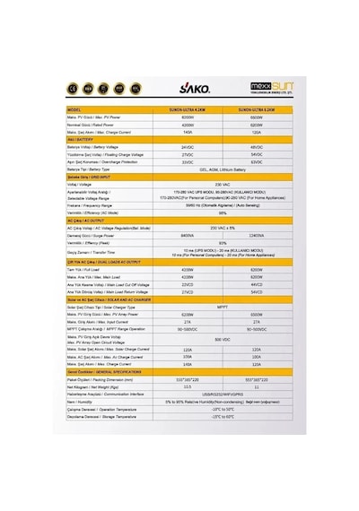 Sako Ultra 6.2 Kw 48 V Mppt Tam Sinüs Akıllı İnverter 6200 W