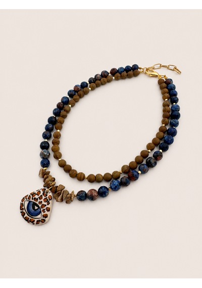 El Yapımı Kahverengi Jasper & Lapis Lazuli Doğal Taş İkili Kolye Seti Mavi - Kahverengi