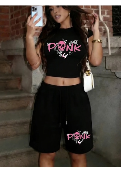 Tarzsokak Pembe Kafatası Baskılı Babby Teet-shirt Pantolon Yazlık İki Parçalı Set Üstler Şortlar Seksi Tatl Siyah