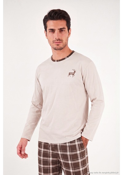 Buratti Pamuklu Regular Fit Bisiklet Yaka Ekoseli Pijama Takımı Erkek Pijama Takımı 6574001 Bej