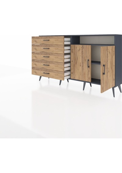 Arges Konsol 2 Raflı 5 Çekmeceli 2 Kapaklı 176x30x99 Antrasit-çam Antrasit-çam