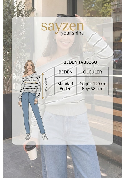 Sayzen Your Shine Trend Kayıkçı Yaka Çizgili Kadın Triko Kazak Gri