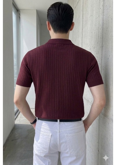 Cool Tarz Erkek Düğmeli Fitilli Triko Polo Tişört Slim Fit Bordo Bordo