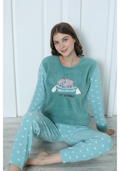 Wordex Fawn 5006 Peluş Welsoft Polar Kışlık Yumoş Kadın Pijama Takımı Uyuyan Kedili Yeşil