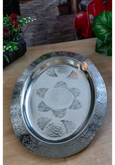 430 Kalite Krom Çelik 6 Adet İşlemeli Kayık Tabak 35 Cm İskender, Kebap, Pilav Ve Salata Sunum Tabağı Gümüş