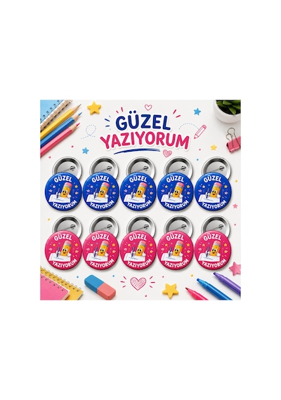 Güzel Yazıyorum 58 Mm İğneli Rozet 10 Adet - Öğrenci Başarı Ve Motivasyon Rozeti Çok Renkli