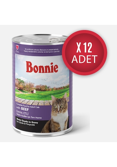Bonnie Biftekli Sos İçinde Et Parçacıklı Yetişkin Kedi Konserve Yaş Mama 400 Gr X 12 Adet