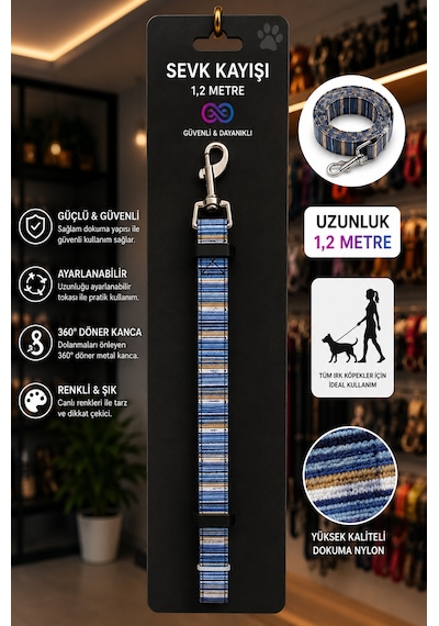 Köpek Sevk Kayışı 1,2 Metre Ayarlanabilir 360 Derece Döner Metal Kancalı - Şal Desenli