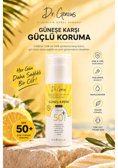 Dr. Genius 50+ Spf Çok Yüksek Korumalı Yaşlanma Ve Leke Karşıtı Yüz Güneş Kremi - 50 Ml