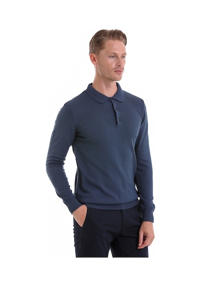 Hatemoğlu İndigo Regular Fit Düz Polo Yaka Triko Kazak İndigo