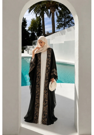 Nazzain Saray Esintisi Gold Nakışlı Abaya Çok Renkli