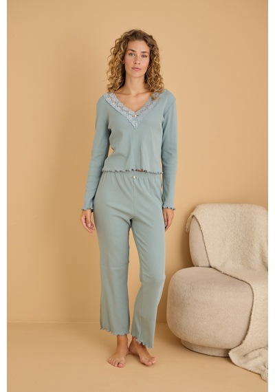 Siyah İnci Pamuklu Dantelli Fitilli Örme Pijama Takım25226005 Yeşil